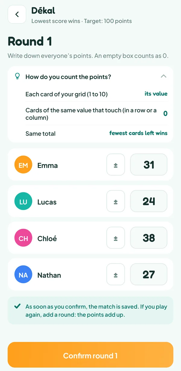 Teamzy screen: entering round 1 of Dékal with the "How do you count the points?" help open (each card of your grid, its value; cards of the same value that touch, 0; same total, fewest cards left wins), Emma 31, Lucas 24, Chloé 38 and Nathan 27
