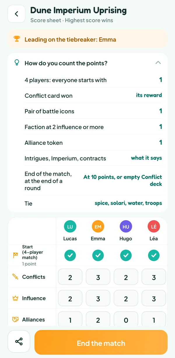 Teamzy screen: the "How do you count the points?" help of Dune Imperium Uprising, with the source of each victory point, the end of the game and the tiebreak order