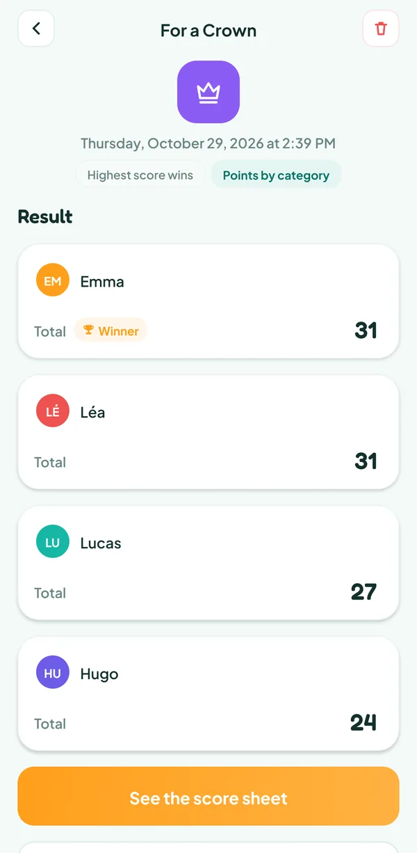 Teamzy screen: the game of For a Crown in the history, won by Emma