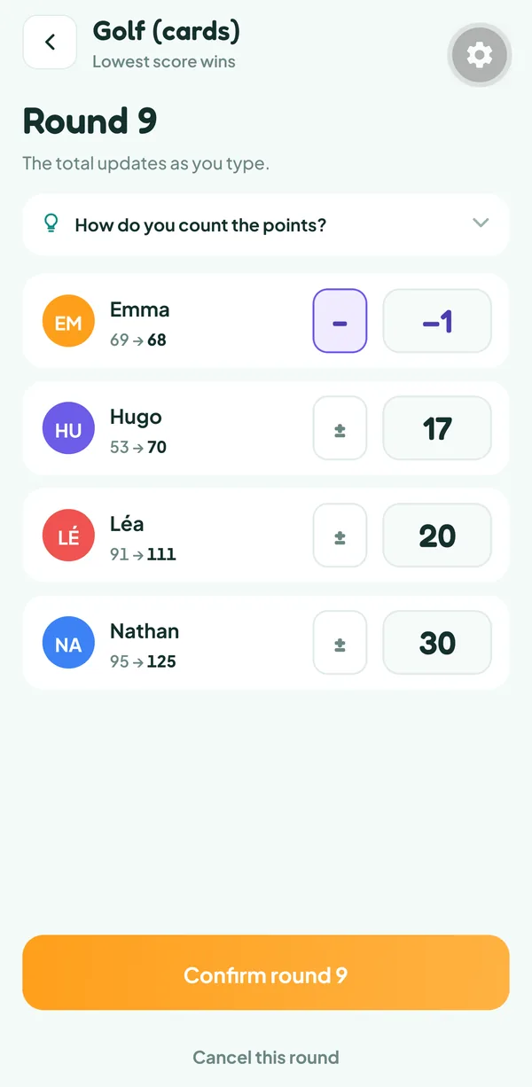 Teamzy screen: entering round 9 of a Golf (cards) match, −1 for Emma, 17 for Hugo, 20 for Léa and 30 for Nathan