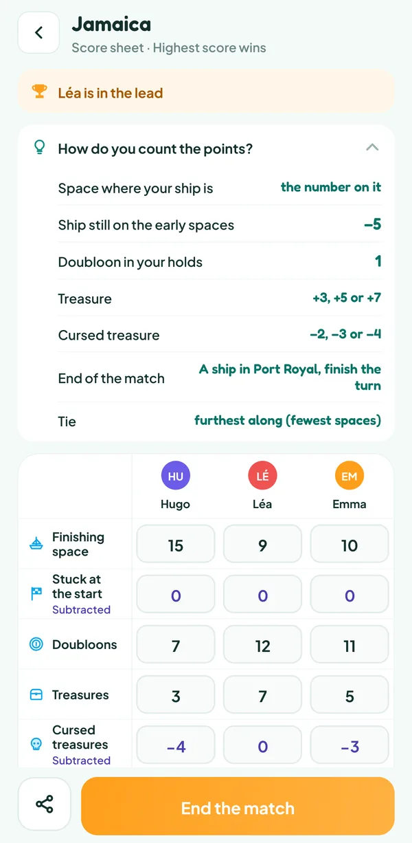 Teamzy screen: the help "How do you count the points?" of Jamaica, with the value of the space, the doubloons, the treasures and the cursed treasures