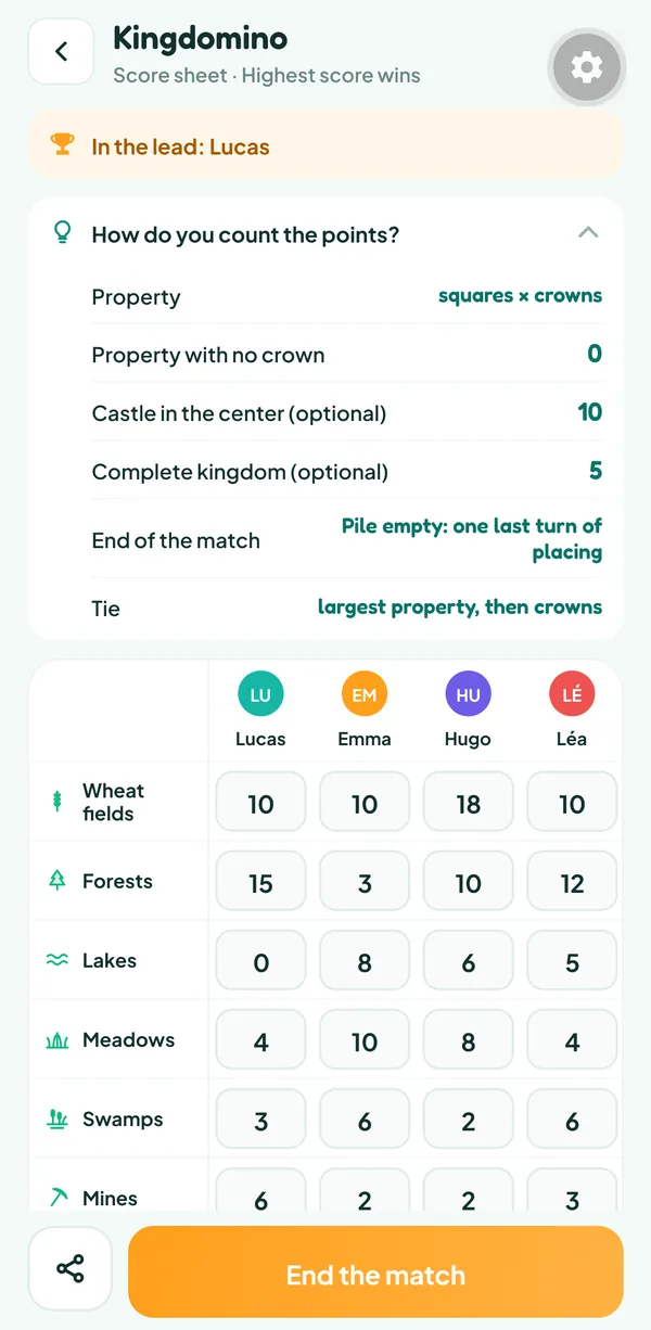 Teamzy screen: the "How do you count the points?" help for Kingdomino, with the value of a property, of the two bonuses and of the tiebreaker