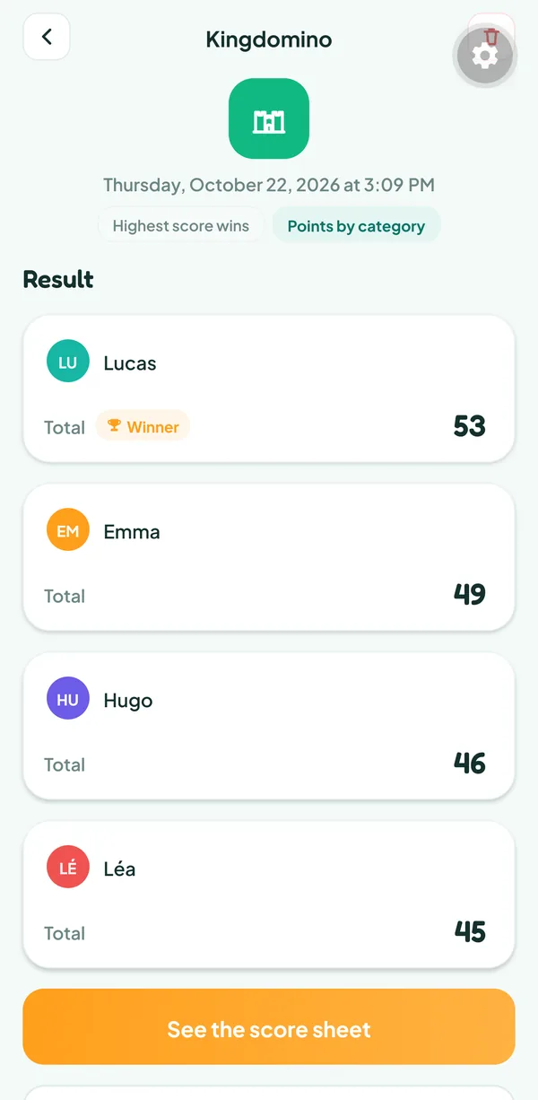 Teamzy screen: the match of Kingdomino in the history, won by Lucas