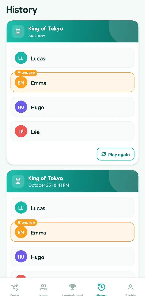 Teamzy screen: the King of Tokyo match in the history, won by Emma