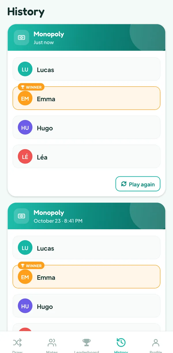Teamzy screen: the Monopoly match in the history, won by Emma