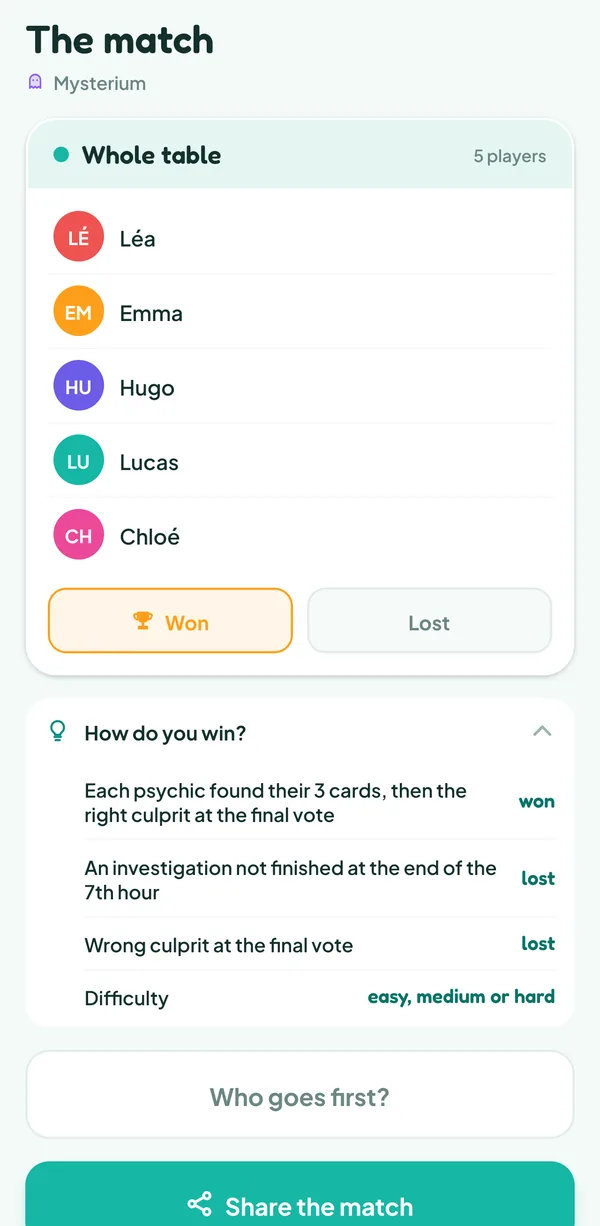 Teamzy screen: the "How do you win?" help of Mysterium open: "Each psychic found their 3 cards, then the right culprit at the final vote: won", "An investigation not finished at the end of the 7th hour: lost", "Wrong culprit at the final vote: lost", "Difficulty: easy, medium or hard"