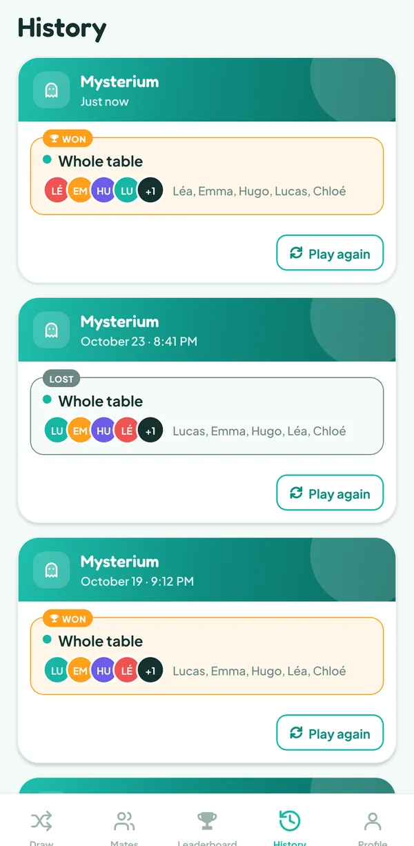 Teamzy screen: the history, the Mysterium match won "Just now" at the top, with the Won and Whole table badges, then a lost match and a won one