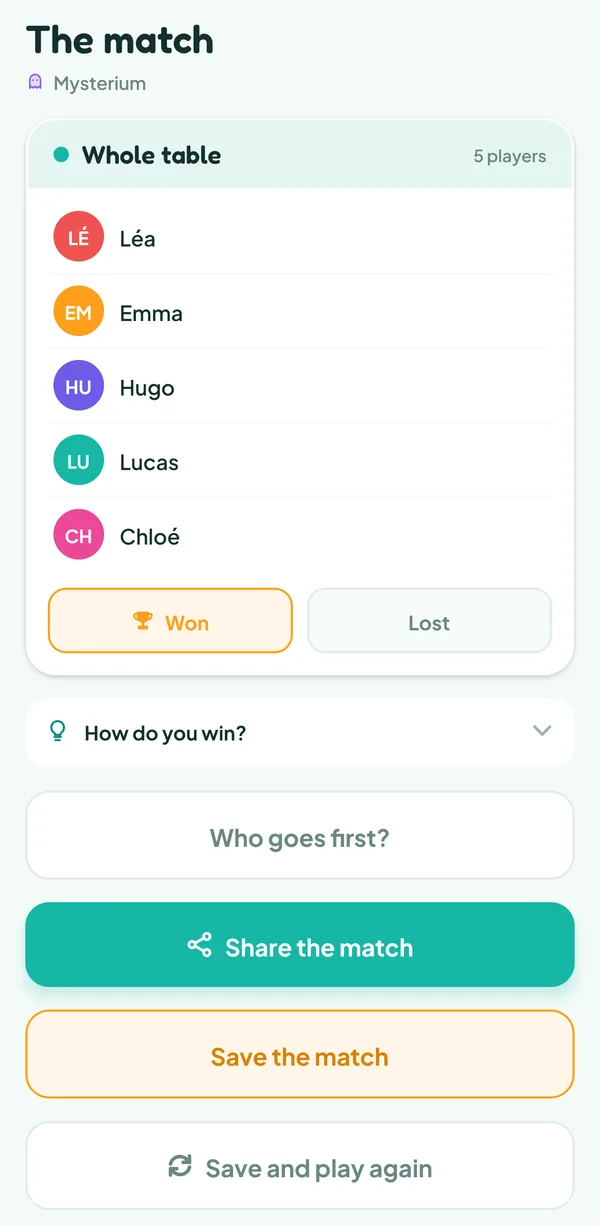 Teamzy screen: "The match" of Mysterium, "Whole table · 5 players", the Won and Lost buttons, and the "How do you win?" help closed