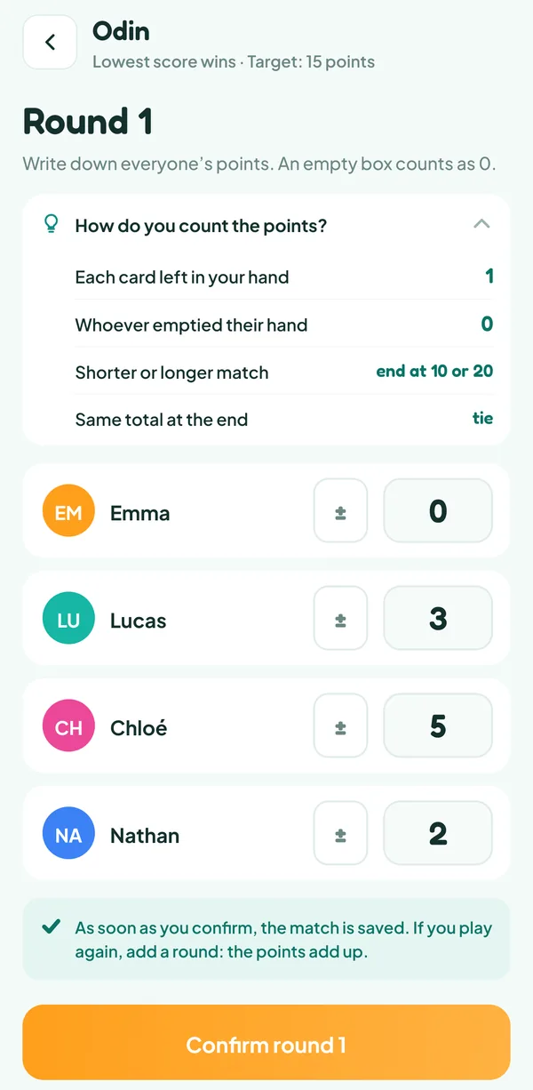 Teamzy screen: entering round 1 of Odin with the help "How do you count the points?" open (each card left in your hand, 1; whoever emptied their hand, 0; shorter or longer match, end at 10 or 20; same total at the end, tie), Emma 0, Lucas 3, Chloé 5 and Nathan 2