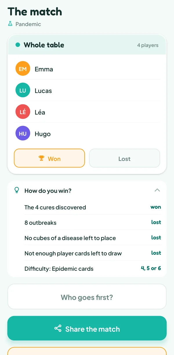 Teamzy screen: the "How do you win?" help of Pandemic: the 4 cures discovered is a win; 8 outbreaks, no cubes left or no Player cards left is a loss; difficulty of 4, 5 or 6 Epidemic cards