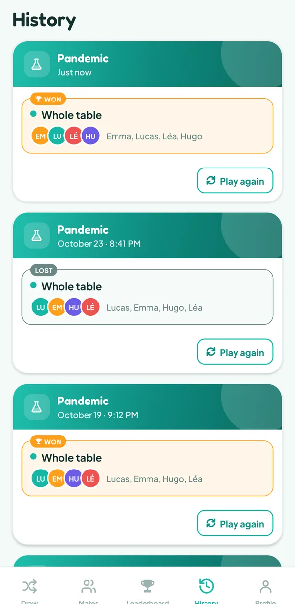 Teamzy screen: the Pandemic match in the history, won by the whole table