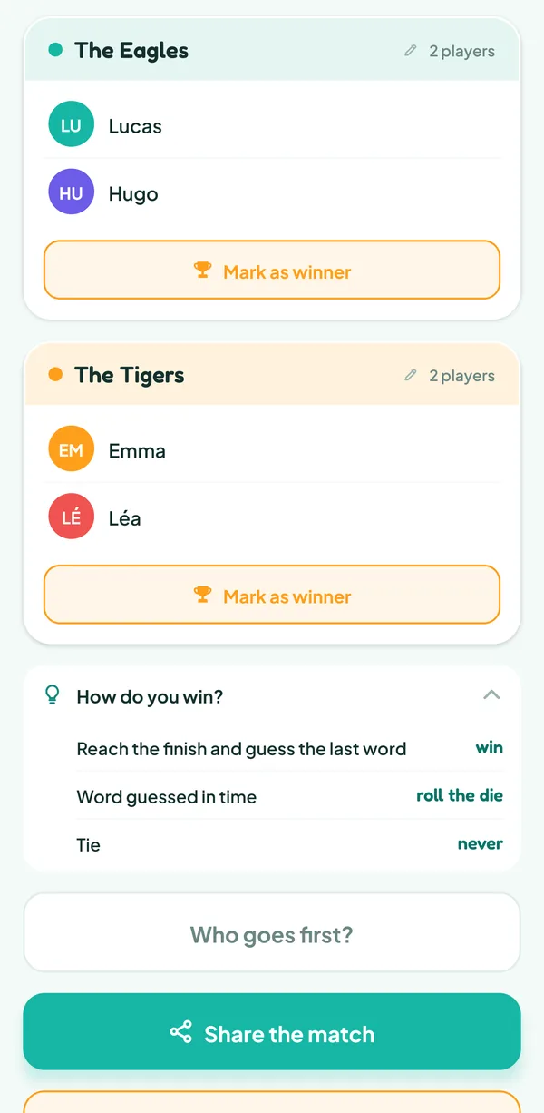 Teamzy screen: the "How do you win?" help of Pictionary: "Reach the finish and guess the last word", win; "Word guessed in time", roll the die; "Tie", never
