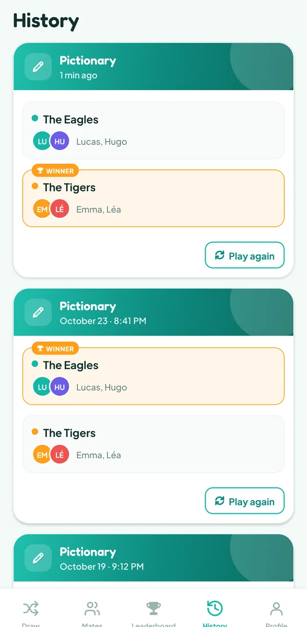 Teamzy screen: the Pictionary match in the history, won by the Tigers