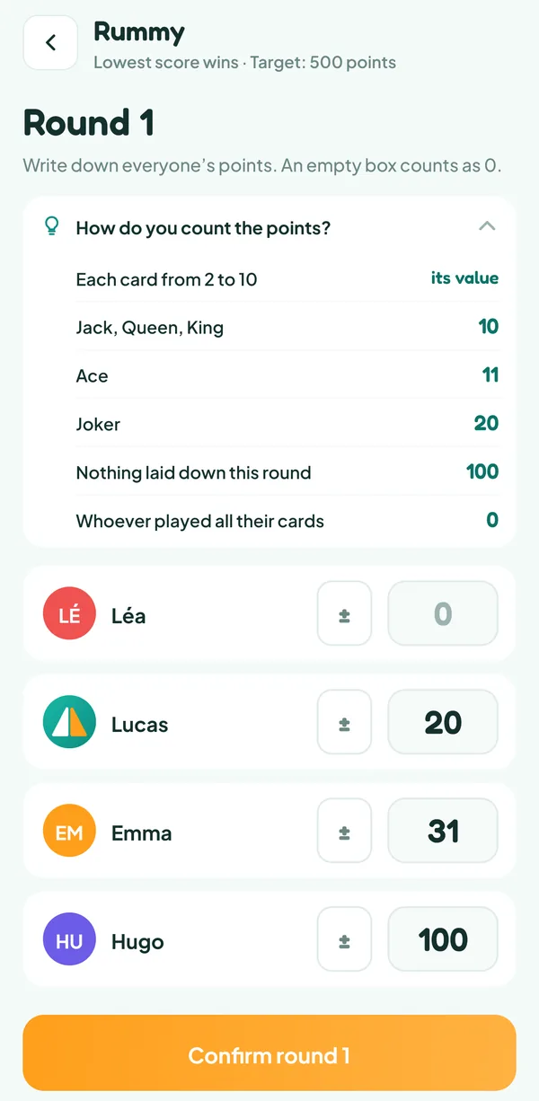 Teamzy screen: entering round 1 of a Rummy match, with the card values and the points of Lucas, Emma and Hugo