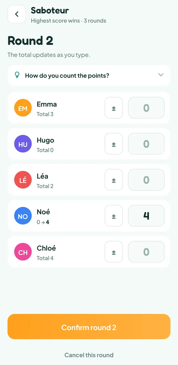 Teamzy screen: typing round 2 of Saboteur, 4 nuggets for Noé, the only saboteur, and nothing for the other four