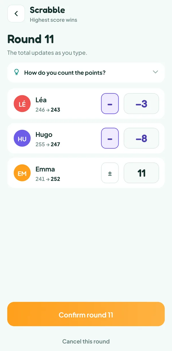 Teamzy screen: entering the last round of the Scrabble match, the tiles left: −3 for Léa, −8 for Hugo and 11 for Emma, who went out