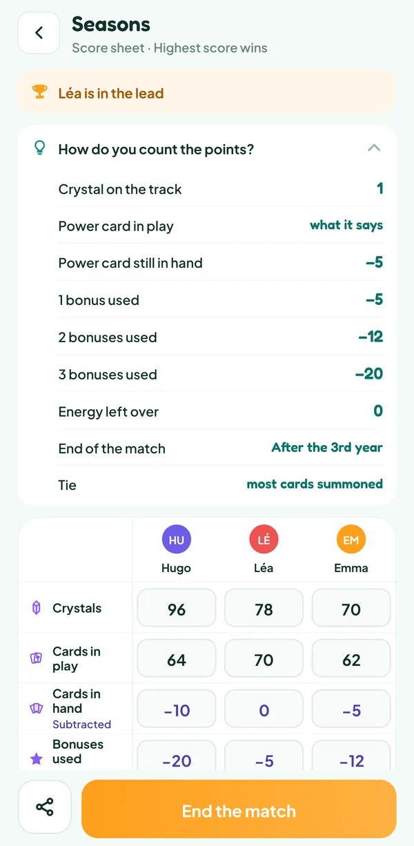 Teamzy screen: the help "How do you count the points?" of Seasons, with the value of each category and the bonus penalties