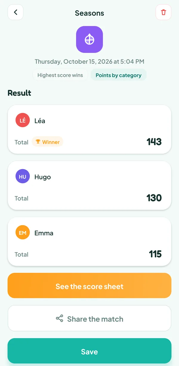 Teamzy screen: the Seasons match in the history, won by Léa