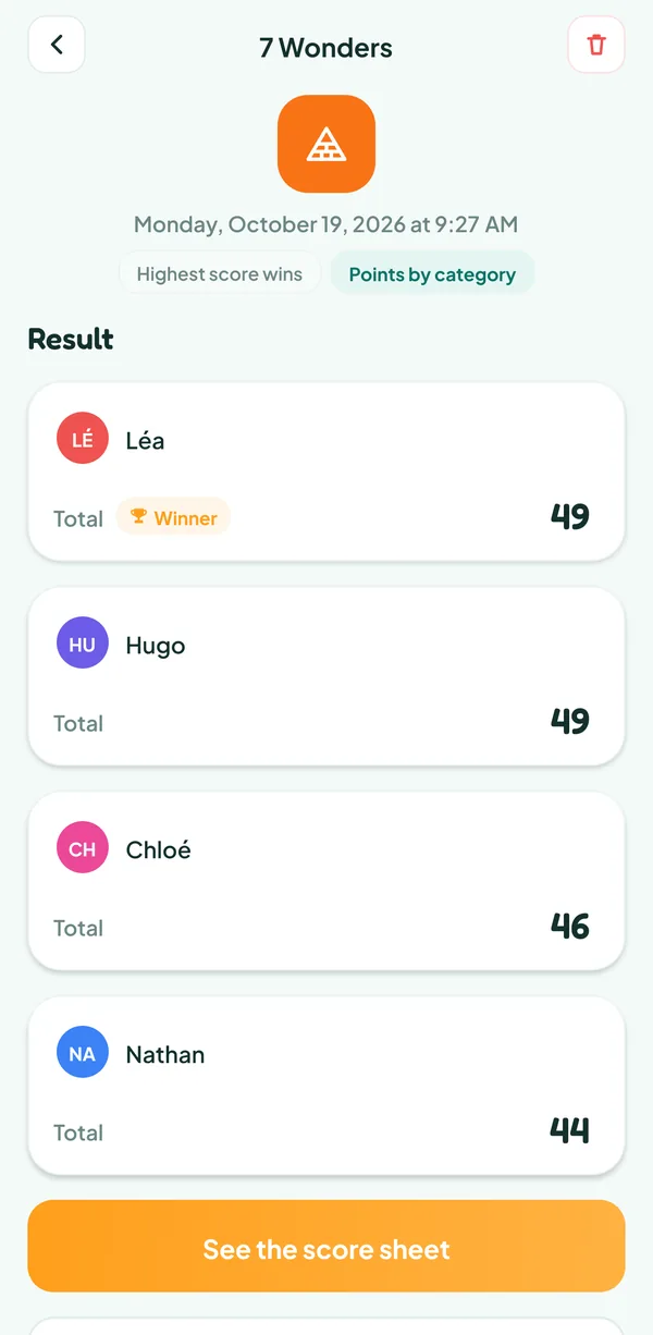 Teamzy screen: the 7 Wonders match in the history, won by Léa