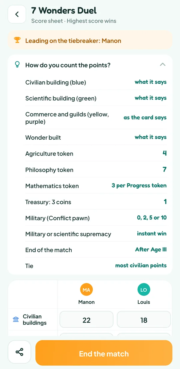 Teamzy screen: the help "How do you count the points?" of 7 Wonders Duel, with the points of each category and the instant win
