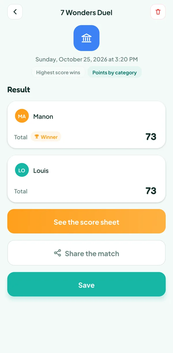 Teamzy screen: the result of the 7 Wonders Duel match, Manon the winner on the tiebreaker, level with Louis on 73 points