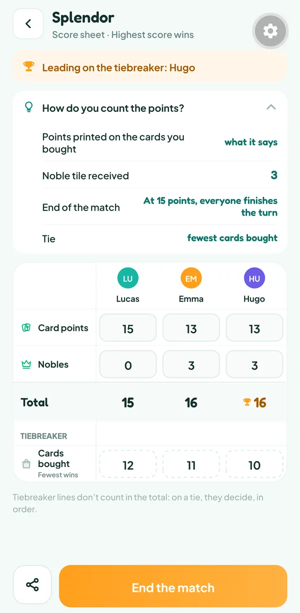 Teamzy screen: the "How do you count the points?" help of Splendor, with the card points, the value of a noble, the end at 15 points and the tie