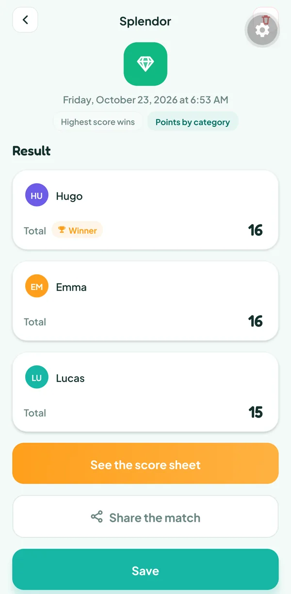 Teamzy screen: the Splendor match in the history, won by Hugo