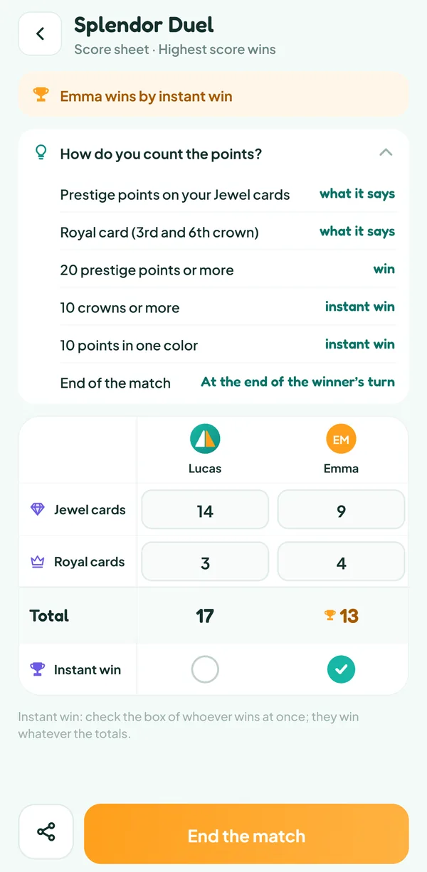 Teamzy screen: the help "How do you count the points?" of Splendor Duel, with the three wins