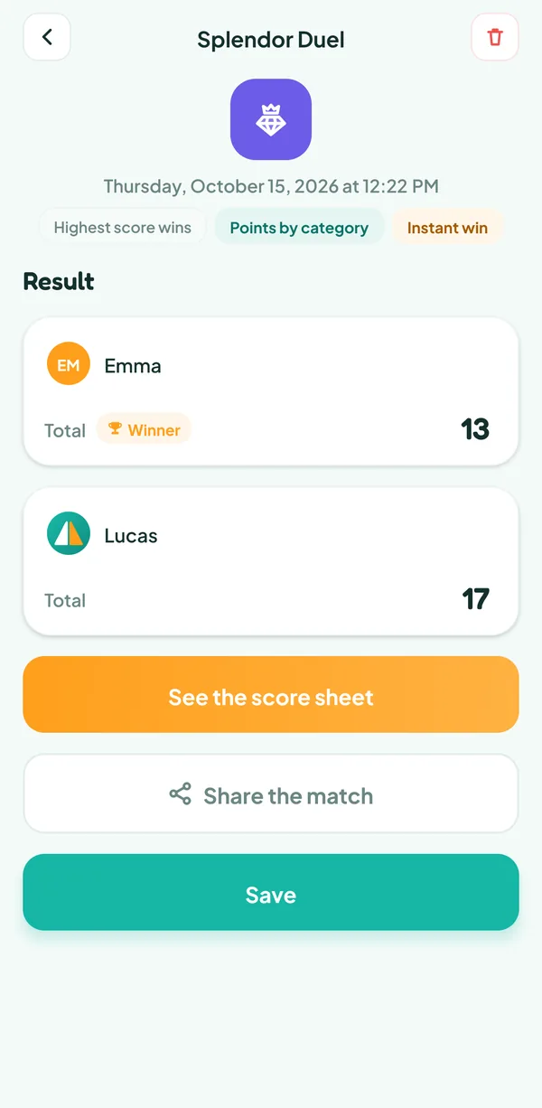 Teamzy screen: the Splendor Duel match in the history, won by Emma with an instant win