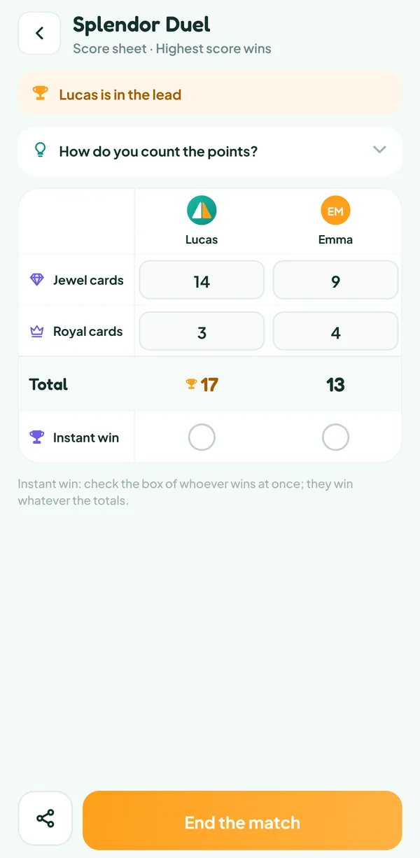 Teamzy screen: the Splendor Duel score sheet filled in, Lucas leads 17 to 13