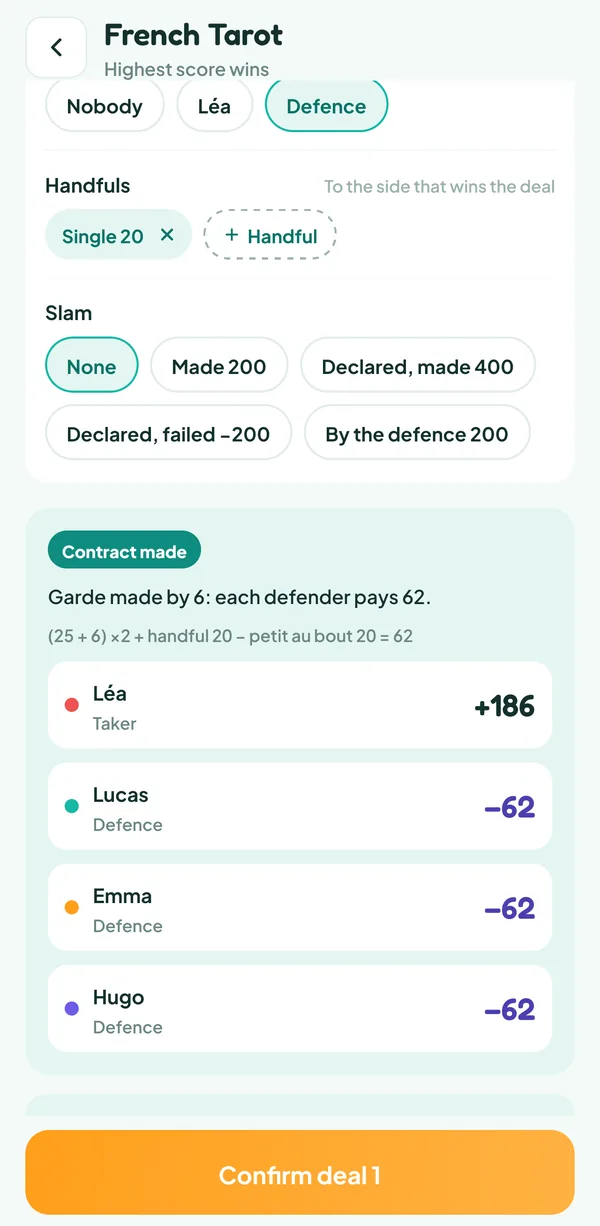 Teamzy screen: Léa's garde made by 6, +186 for her and −62 for each defender