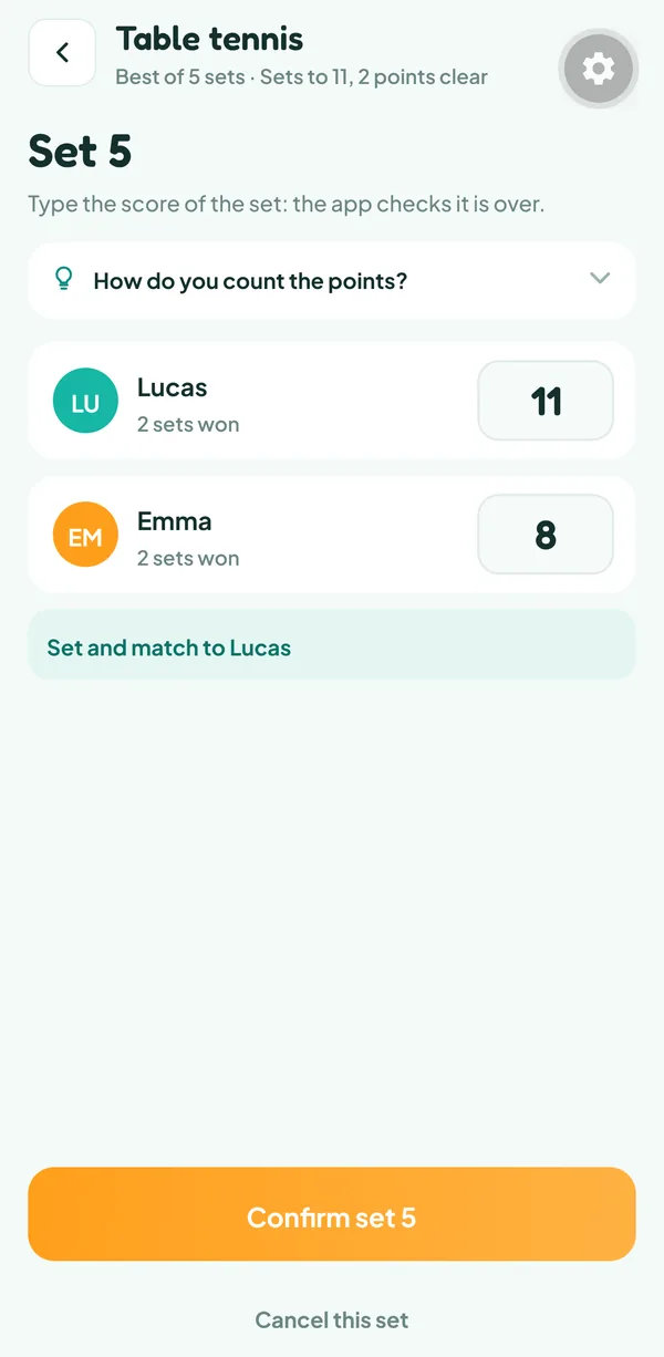 Teamzy screen: entering set 5 of a table tennis match, Lucas 11 and Emma 8, set and match to Lucas