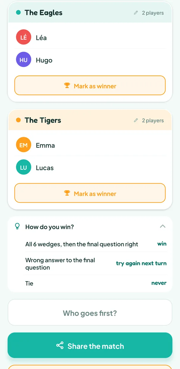 Teamzy screen: the "How do you win?" help of Trivial Pursuit: "All 6 wedges, then the final question right", win; "Wrong answer to the final question", try again next turn; "Tie", never