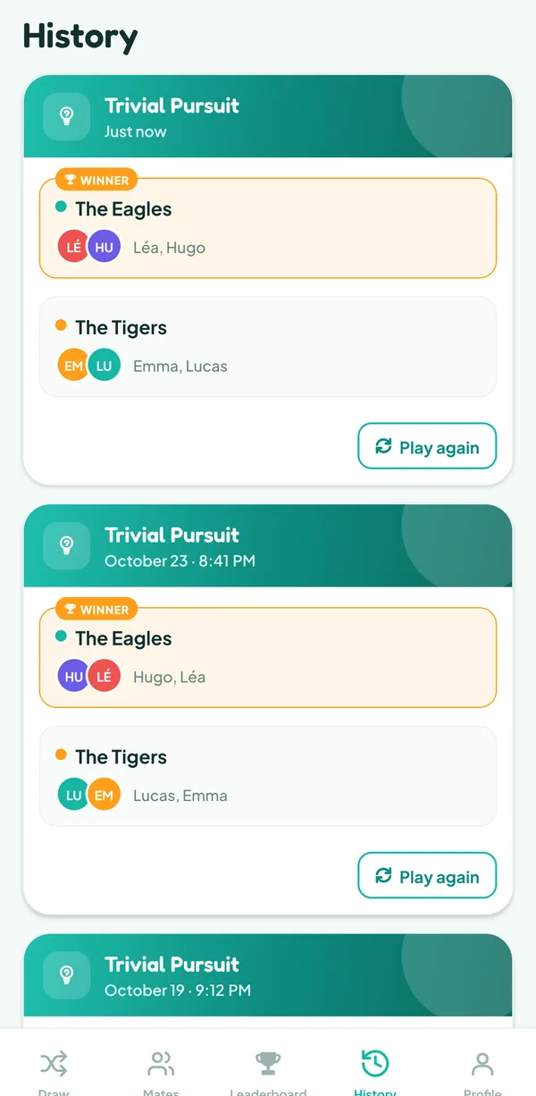 Teamzy screen: the Trivial Pursuit match in the history, won by the Eagles