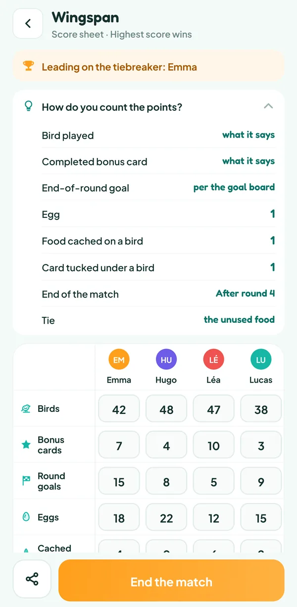 Teamzy screen: the "How do you count the points?" help for Wingspan, with the value of birds, bonus cards, goals, eggs, food and tucked cards