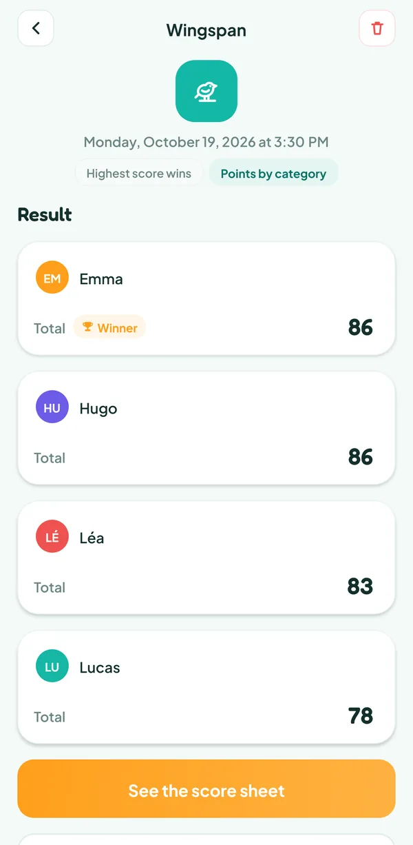 Teamzy screen: the Wingspan match in the history, won by Emma