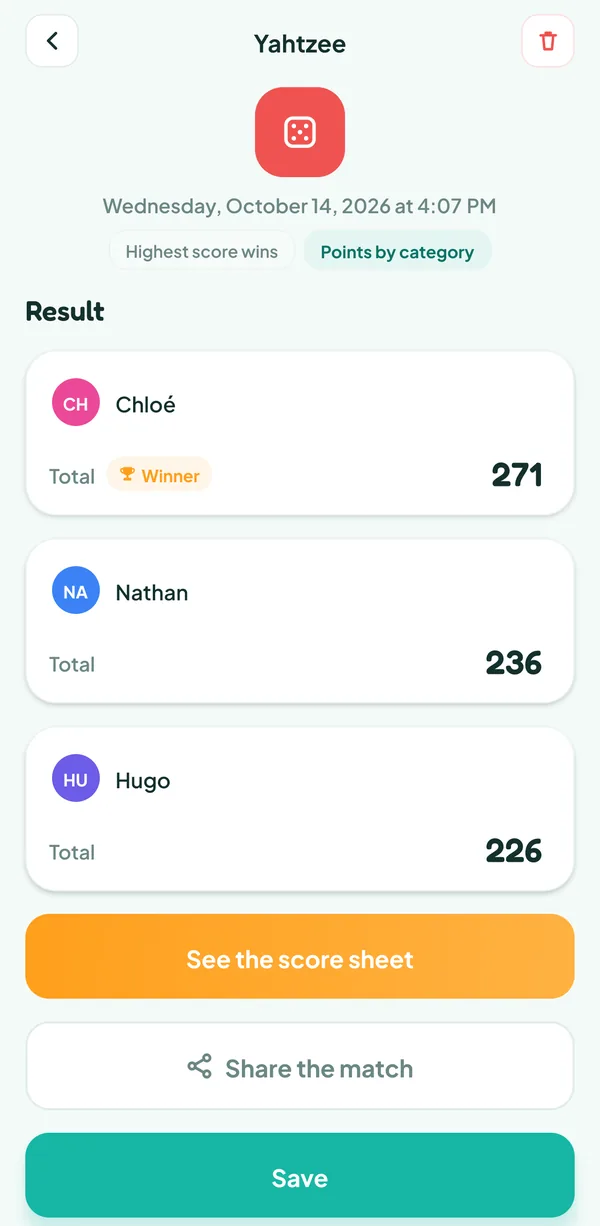 Teamzy screen: the Yahtzee match in the history, Chloé wins with 271 points ahead of Nathan (236) and Hugo (226)