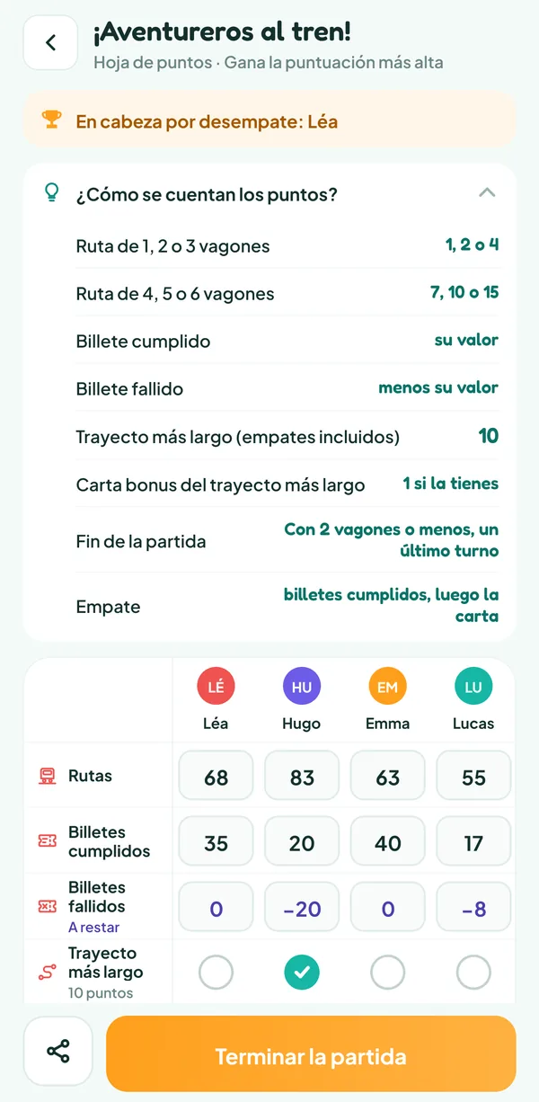 Pantalla de Teamzy: la ayuda "¿Cómo se cuentan los puntos?" de ¡Aventureros al tren!, con el valor de las rutas, los billetes y el trayecto más largo