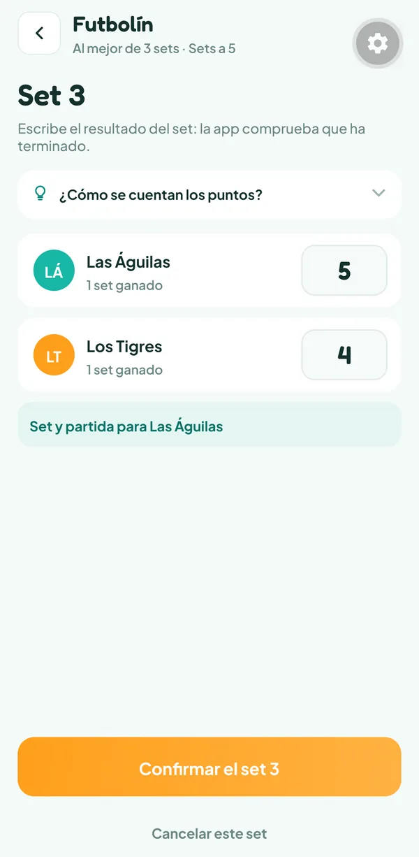 Pantalla de Teamzy: entrada del set 3 de una partida de futbolín, Las Águilas 5 y Los Tigres 4, set y partida para Las Águilas