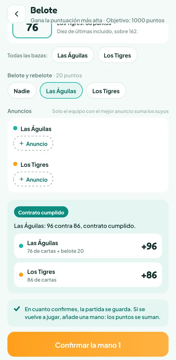 Pantalla de Teamzy: contrato cumplido para las Águilas gracias a la belote, 96 puntos contra 86