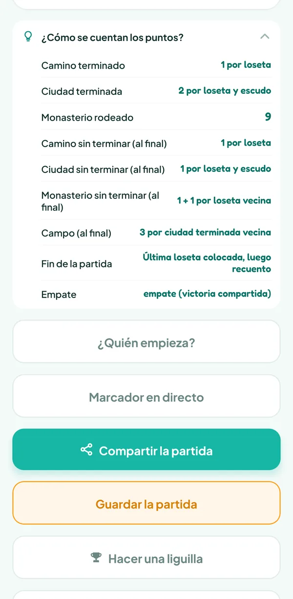Pantalla de Teamzy: la ayuda "¿Cómo se cuentan los puntos?" de Carcassonne, con el valor de los caminos, ciudades y monasterios, terminados o sin terminar, y de los campos