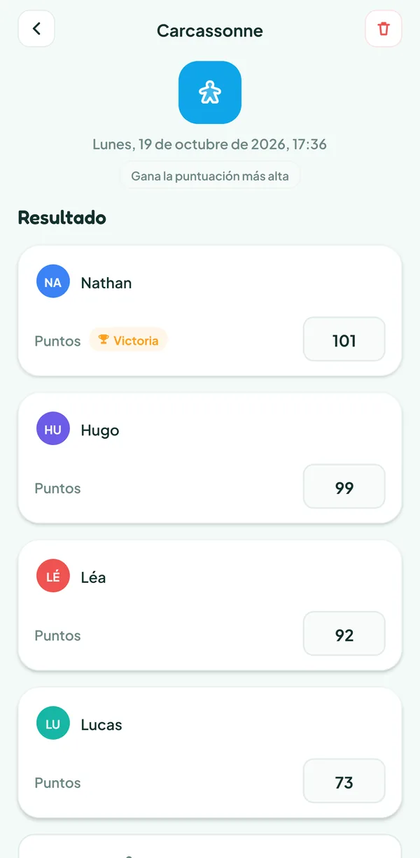 Pantalla de Teamzy: la partida de Carcassonne en el historial, ganada por Nathan con 101 puntos
