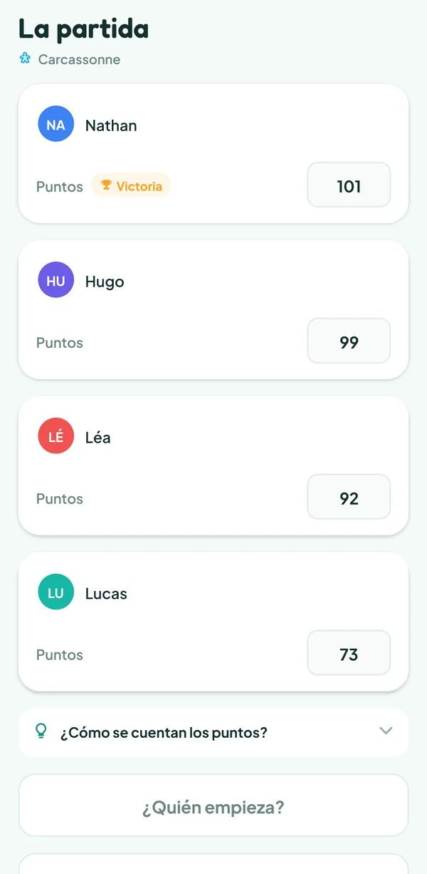 Pantalla de Teamzy: las puntuaciones finales de Carcassonne, Nathan gana con 101 puntos por delante de Hugo (99), Léa (92) y Lucas (73)