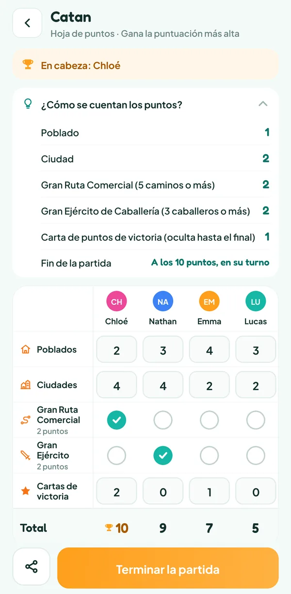 Pantalla de Teamzy: la ayuda "¿Cómo se cuentan los puntos?" de Catan, con el valor de los poblados, las ciudades, las dos cartas especiales y las cartas de puntos de victoria