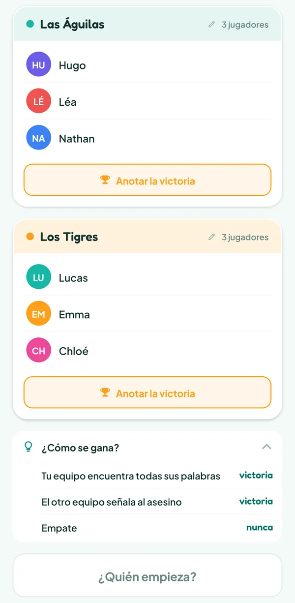 Pantalla de Teamzy: la ayuda "¿Cómo se gana?" de Código Secreto: tu equipo encuentra todas sus palabras o el otro equipo señala al asesino, victoria en ambos casos, nunca hay empate