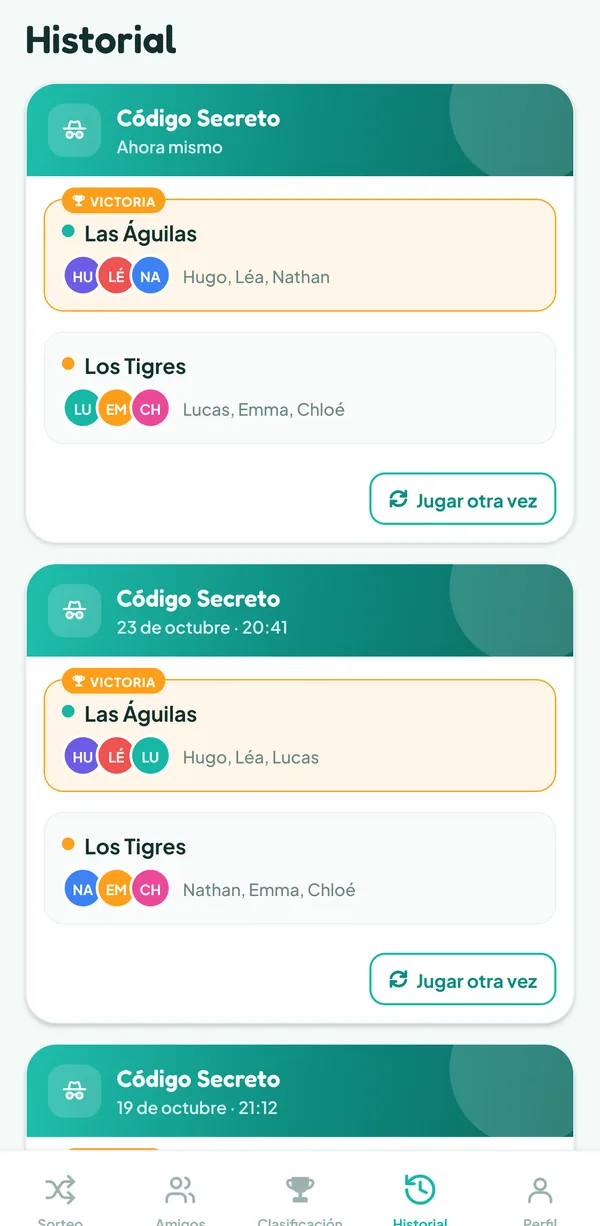 Pantalla de Teamzy: la partida de Código Secreto en el historial, ganada por las Águilas