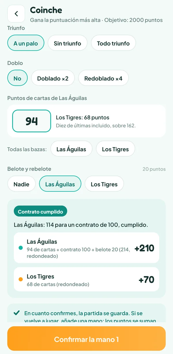 Pantalla de Teamzy: contrato de 100 cumplido por las Águilas gracias a la belote, 210 puntos contra 70 tras el redondeo