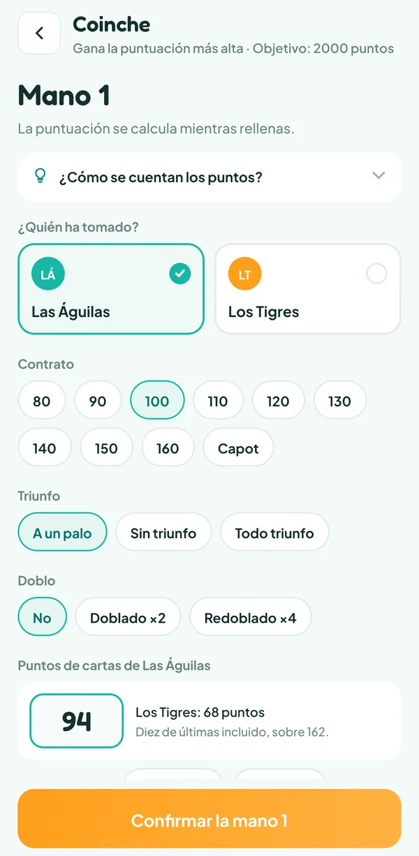 Pantalla de Teamzy: anotación de una mano de Coinche, con el equipo que ha tomado, el contrato de 100, el triunfo, el doblo y los puntos de cartas