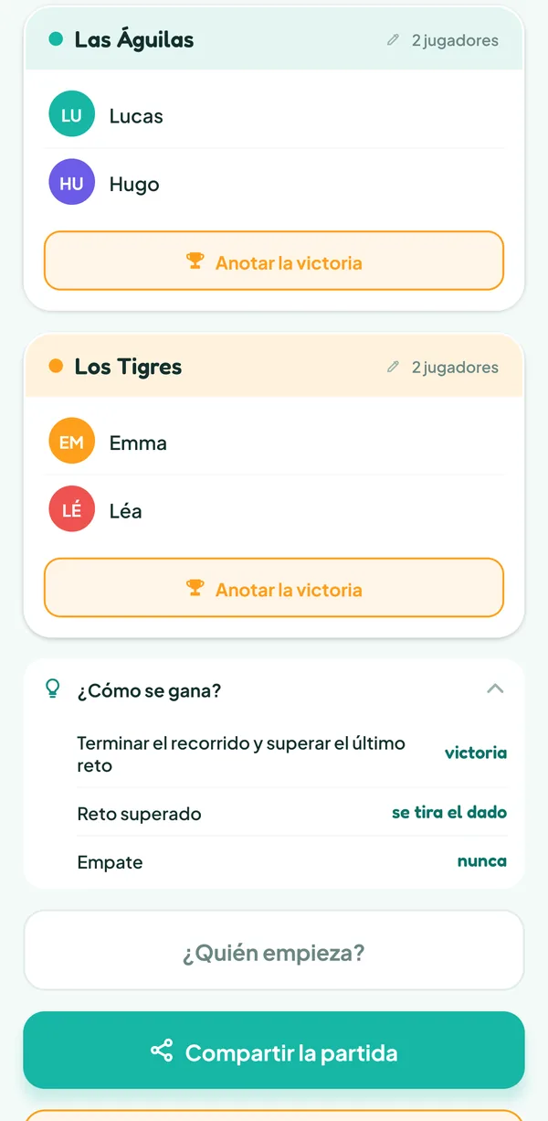 Pantalla de Teamzy: la ayuda "¿Cómo se gana?" de Cranium: "Terminar el recorrido y superar el último reto", victoria; "Reto superado", se tira el dado; "Empate", nunca