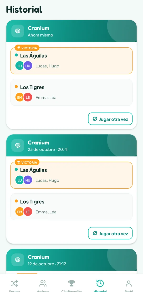 Pantalla de Teamzy: la partida de Cranium en el historial, ganada por las Águilas